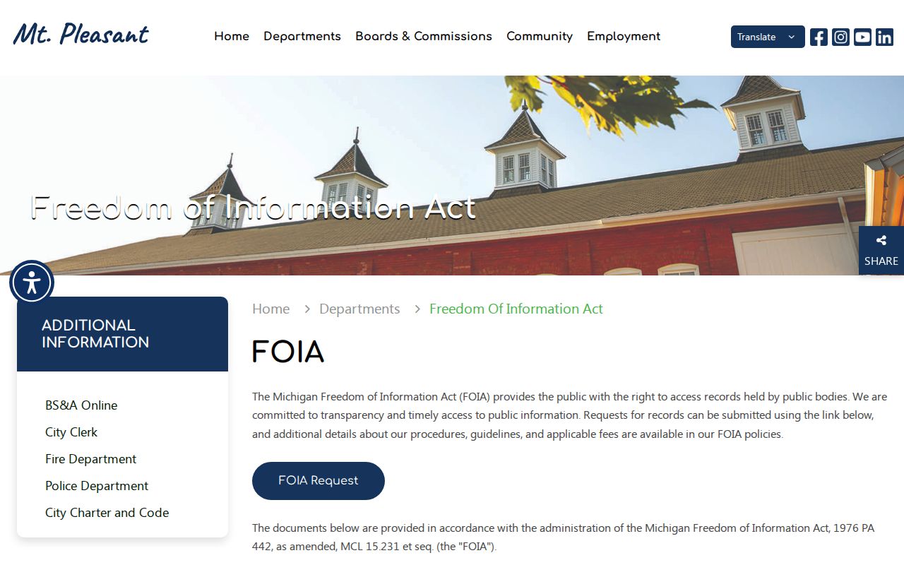 Mount Pleasant record check city FOIA request page